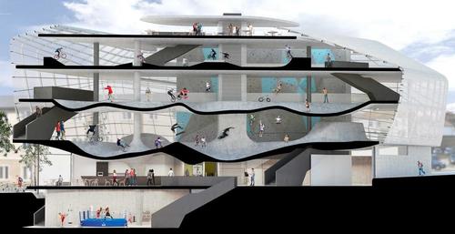 The multi-level skate park plan is the first of its kind / Guy Hollaway Architects