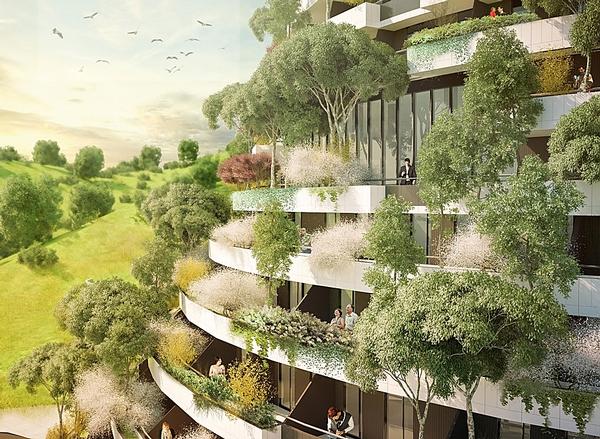 Some 1,100 trees of 
23 different species will line the building façades