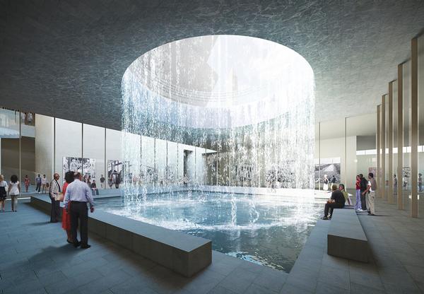 The museum’s below ground memorial space features light diffused by water and offers a place for contemplation