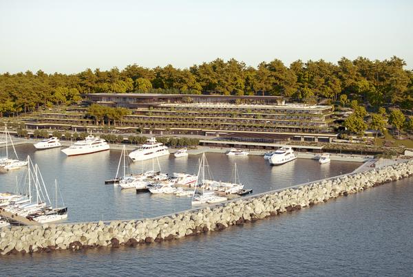 The hotel will face the marina. Many of its buildings will be covered with greenery