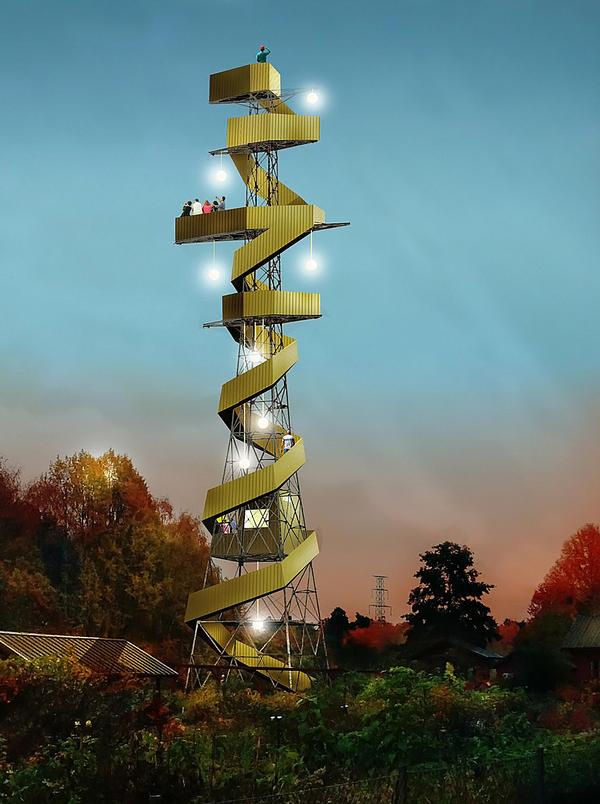 The wooden stairways and platforms have been designed as a contrast to the original metal pylon towers 