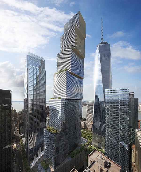 2 World Trade Center consists of seven stacked volumes with a public plaza at the base