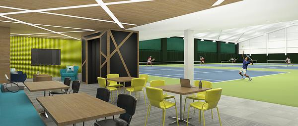 The Venus Williams-designed Tennis Lounge features a bright yellow, green and teal colour scheme