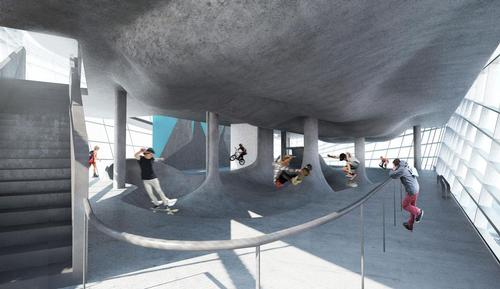 The skate park is designed to attract international-level sports talent / Guy Hollaway Architects