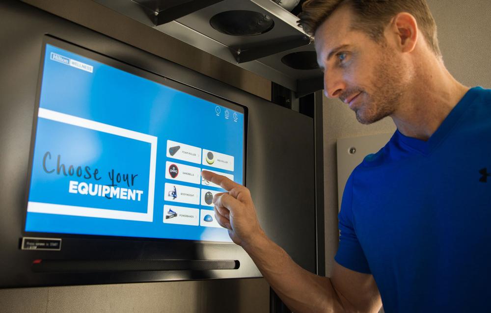 Guests can get tutorials and workout routines from the Fitness Kiosk