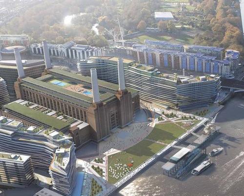 Circus West, located in between the chimneys and Chelsea Bridge, is due to be completed in October 2016 / Battersea Power Station Development Company
