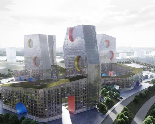 Large circular openings in the towers’ facades give a defining geometric character and will be filled with the health and social spaces / Steven Holl Architects