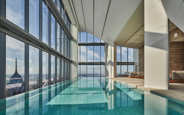 The spa and fitness centre on the 57th floor end in an infinity-edge pool with views across Philadelphia