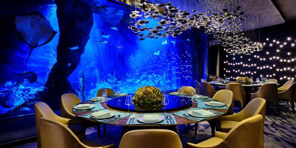 The hotel features an underwater restaurant and aquarium
