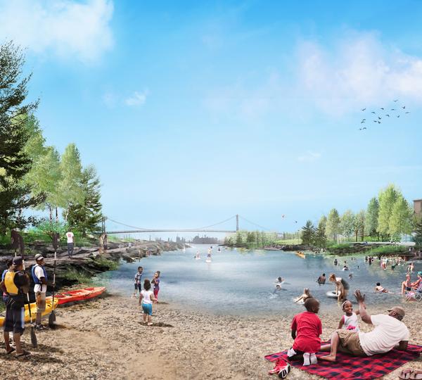 Detroit’s Centennial Park will include a cove with a beach for swimming 