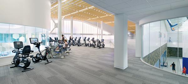 The centre features an 12,800sq ft gym. The curves of the building are echoed in the interior