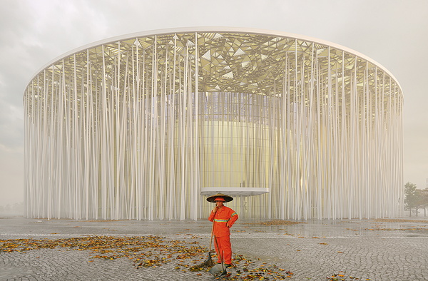 The slender white columns were inspired by indigenous bamboo forests