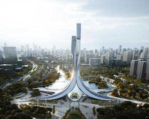 The Xiangjiang Gate will comprise two bipedal towers that will rise gracefully together to 177m (581ft) / RMJM Shanghai